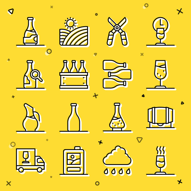 集品酒，品尝，木桶葡萄酒，玻璃，园艺剪刀，瓶盒，图标。向量图片下载