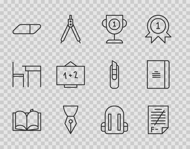 设置线打开书，试卷与错误的答案，奖励杯，钢笔笔尖，橡皮擦橡胶，黑板，学校背包和螺旋笔记本图标。向量图片下载