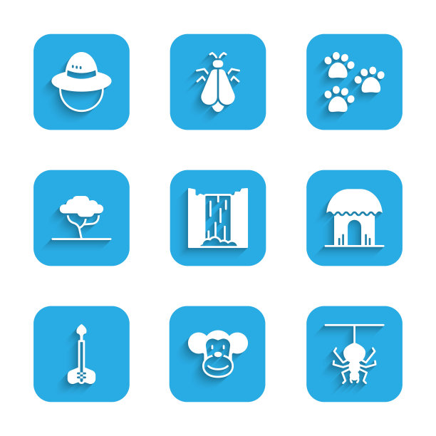 设置瀑布，猴子，蜘蛛，非洲小屋，箭，树，爪印和野营帽图标。向量图片下载