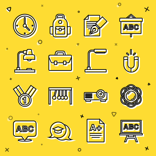 设置线黑板，原子，磁铁，考试表和铅笔，公文包，台灯，时钟和图标。向量图片下载