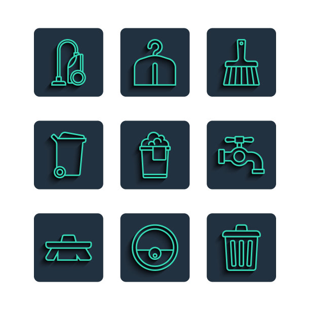 设置线刷清洁，机器人吸尘器，垃圾桶，手柄扫帚，泡沫桶，吸尘器和水龙头图标。向量图片下载