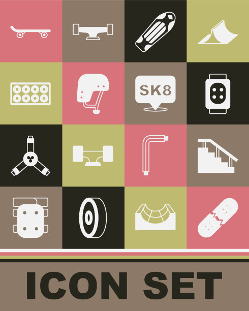 设置破碎的滑板甲板，滑板楼梯与轨道，护膝，头盔，轮子，和图标。向量图片下载