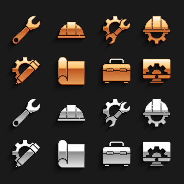 设置工程制图纸，工人安全帽和齿轮，计算机显示器，工具箱，铅笔，扳手和图标。向量图片下载