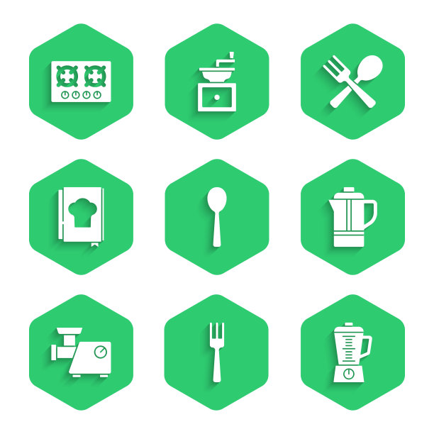 设置勺子，叉子，搅拌机，茶壶，厨房绞肉机，烹饪书，叉和勺子和煤气灶图标。向量图片下载