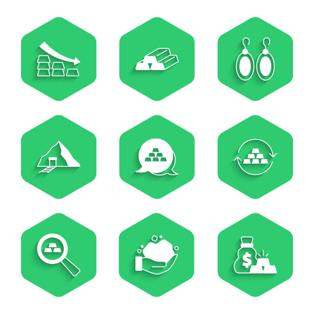 设置金条，金块，金袋，交换货币，矿山，耳环和下落箭头图标。向量图片下载