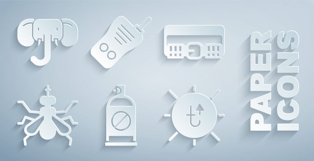 设置喷雾对抗昆虫，狩猎弹药带，蚊子，太阳，对讲机和大象图标。向量图片下载