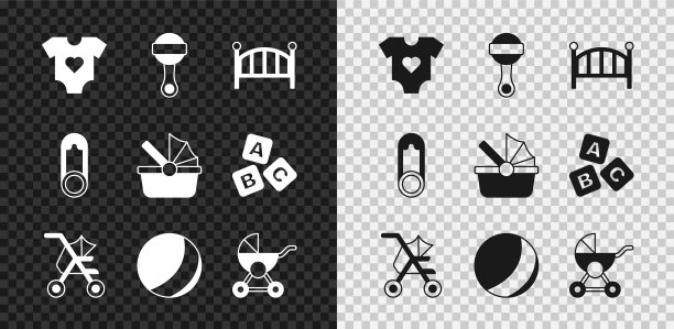 设置婴儿衣服，拨浪鼓婴儿玩具，婴儿床摇篮床，婴儿车，沙滩球，别针和图标。向量图片下载