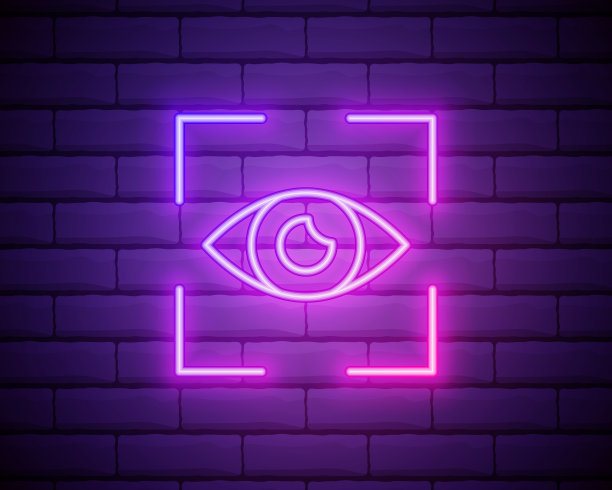 发光的霓虹灯线眼睛扫描图标孤立在砖墙背景。扫描的眼睛。安全检查的象征。网络标志。矢量插图。图片下载