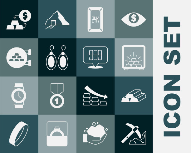 集黄金开采，金条，保险箱，24k，耳环，珠宝店，兑换货币和图标。向量图片下载
