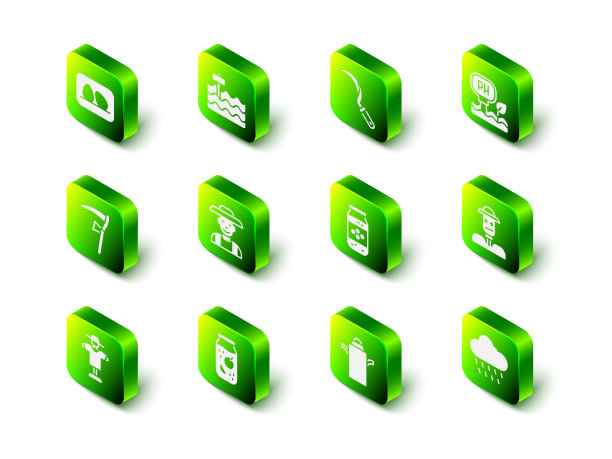 设置花园床，镰刀，土壤ph值测试，稻草人，云与雨，蜂蜜罐，罐容器的牛奶和果酱罐图标。向量图片下载