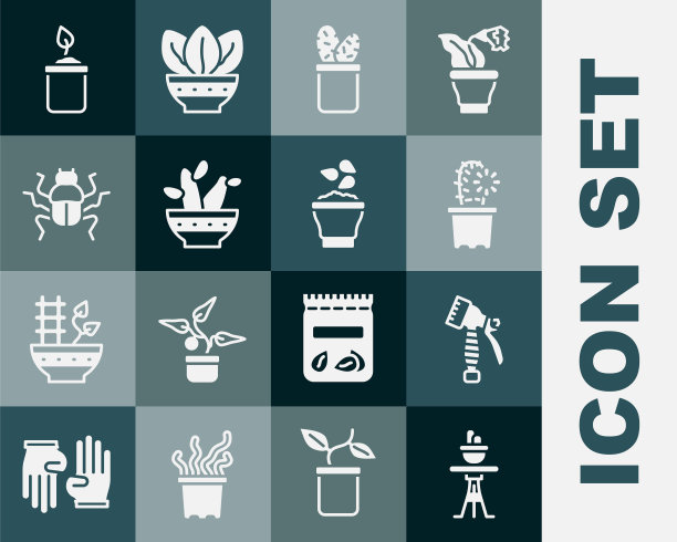 设置花盆在桌子上，水喷雾瓶，仙人掌仙人掌，甲虫，发芽和种子碗图标。向量图片下载