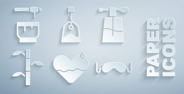 设置心脏治疗，香水，竹茎与叶子，眼睡面膜，茶包和蜂蜜勺棒和碗图标。向量图片下载