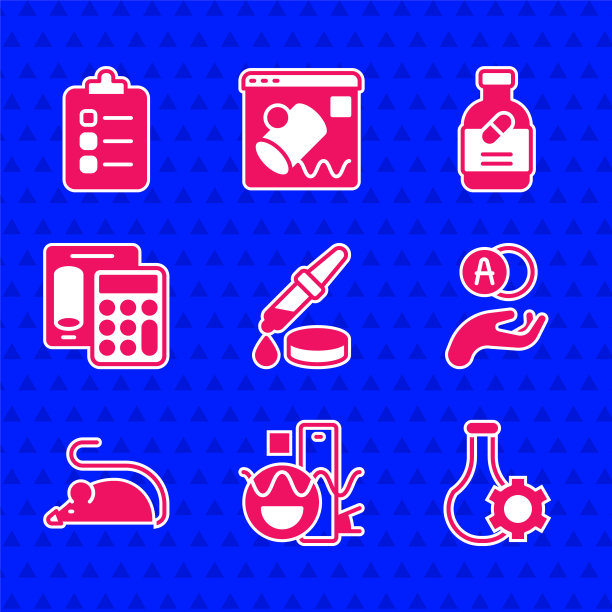 设置移液器，基本几何形状，试管，原子，实验鼠标，计算器，药瓶和药丸和要做的列表规划图标。向量图片下载