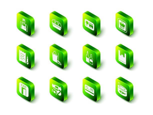 设置鸡蛋盒，识别徽章，购买按钮，纸购物袋，鱼罐头，威士忌酒瓶，信用卡和糖果图标。向量图片下载