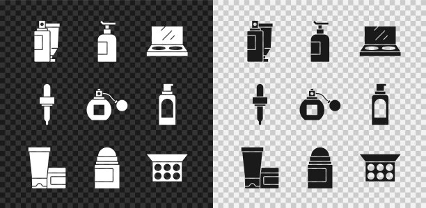 设置乳霜或乳液化妆品管，化妆粉与镜子，止汗除臭卷，移液器和香水图标。向量图片下载