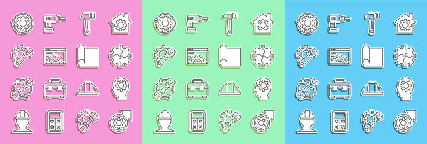 将线齿轮和箭头设置为工作流程，将带齿轮的人头设置为工作流程，将锤子、浏览器设置为工作流程，将扳手设置为工作流程，将图纸设置为工程图标。向量图片下载
