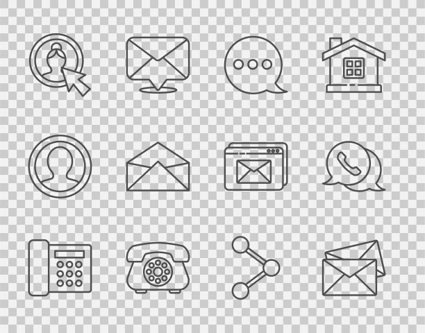 设置线路电话，信封，语音气泡聊天，创建帐户屏幕，分享和语音图标。向量图片下载