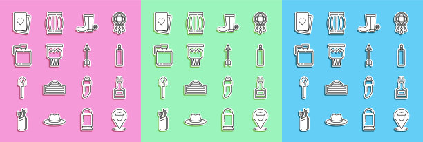 设定线位置牛仔，塔巴斯科沙司，炸药炸弹，牛仔靴，鼓，水壶水瓶，扑克牌和交叉箭头图标。向量图片下载