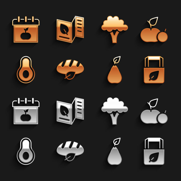 设置素食面包面包，苹果，购物袋与回收，梨，鳄梨水果，西兰花，世界素食日和食物菜单图标。向量图片下载