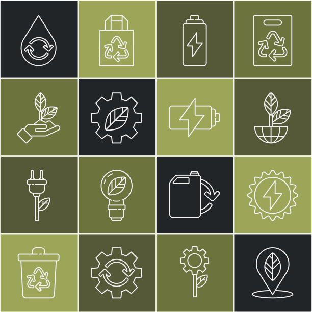设置线路位置与叶片，太阳能电池板，地球仪和植物，电池，叶片齿轮机，植物手，回收清洁水和图标。向量图片下载