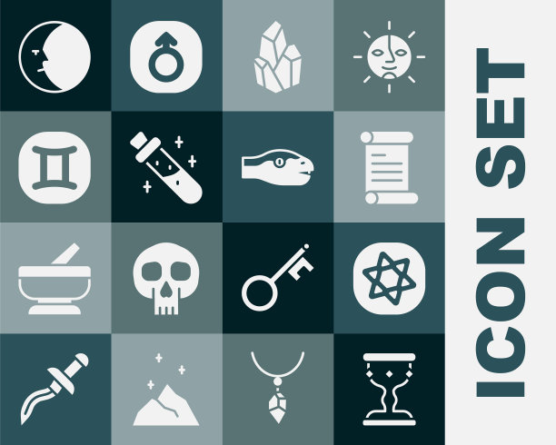 集中世纪高脚杯，塔罗牌，法令，羊皮纸，卷轴，魔法石，瓶子药水，双子星座，月亮和蛇的图标。向量图片下载