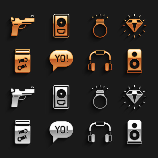 设置Yo俚语字母，钻石，立体声扬声器，耳机，子弹的证据袋，手枪或枪和CD盘奖励框图标。向量图片下载