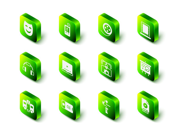 设置光表，胶卷卷，化妆镜与灯，黑板上的场景，MP4文件文件，万向节稳定相机，以及照片和视频拍摄图标。向量图片下载