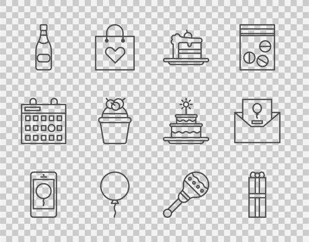 设置线移动生日信息，礼盒，蛋糕，气球丝带，香槟瓶，沙球和邀请图标。向量图片下载
