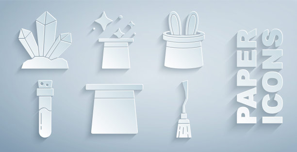 设置魔术帽，魔术师和兔子耳朵，瓶子与药水，女巫扫帚，石头图标。向量图片下载