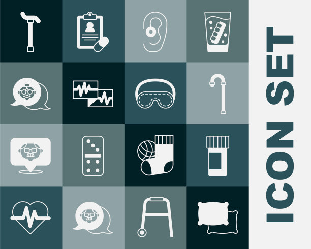设置枕头，药瓶和药丸，手杖，助听器，监视器与心电图，祖母，眼睛睡眠面具图标。向量图片下载
