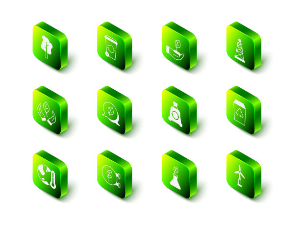 设置回收站，工厂手，石油钻机，风力涡轮机，垃圾袋与回收，养殖和生态商店图标。向量图片下载