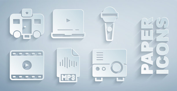 设置MP3文件文件、麦克风、播放视频、媒体投影仪、在线播放视频和演员预告片图标。向量图片下载