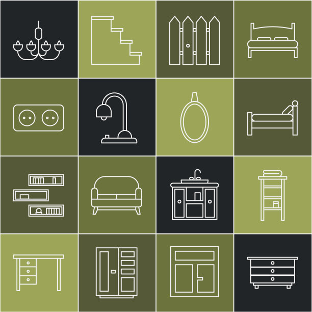 设置线衣柜的抽屉，浴室架与架子的毛巾，床，花园篱笆木，台灯，插座，吊灯和镜子图标。向量图片下载