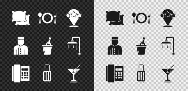 设置枕头，盘子，刀叉，五星评级，电话，手机，手提箱，马提尼杯，礼宾和香槟冰桶图标。向量图片下载