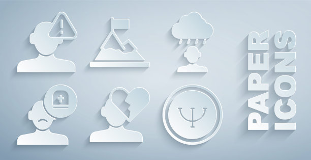 破碎的心或离婚、沮丧、男医生、心理学、带旗帜的山顶和寻找问题心理学图标矢量素材图片下载