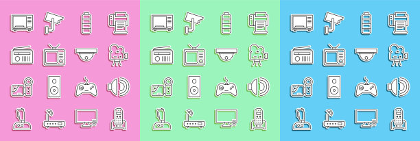 设置线路电话，扬声器音量，复古影院相机，电池充电水平指示灯，电视，收音机天线，微波炉和运动传感器图标。向量图片下载