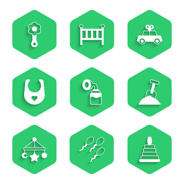 设置吸乳器，精子，金字塔玩具，沙盒，沙铲，婴儿床挂玩具，围嘴，玩具车和摇铃婴儿图标。向量图片下载