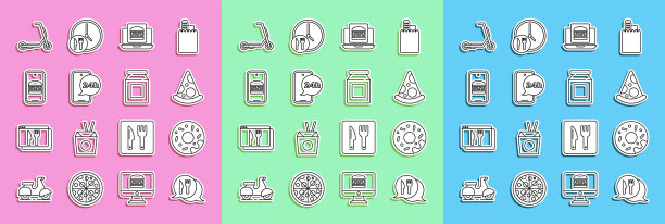 设置线咖啡厅和餐厅位置，甜甜圈，披萨片，在线订购汉堡送餐，食品，滑板车和图标。向量图片下载