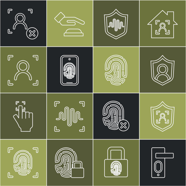 指纹门锁，盾面识别，用户保护，语音，手机指纹扫描，人脸识别，拒绝和图标。向量图片下载