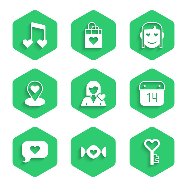 设置浪漫的女孩，糖果，钥匙在心脏形状，日历2月14日，心脏语音气泡，位置，和音乐笔记，音调心脏图标。向量图片下载