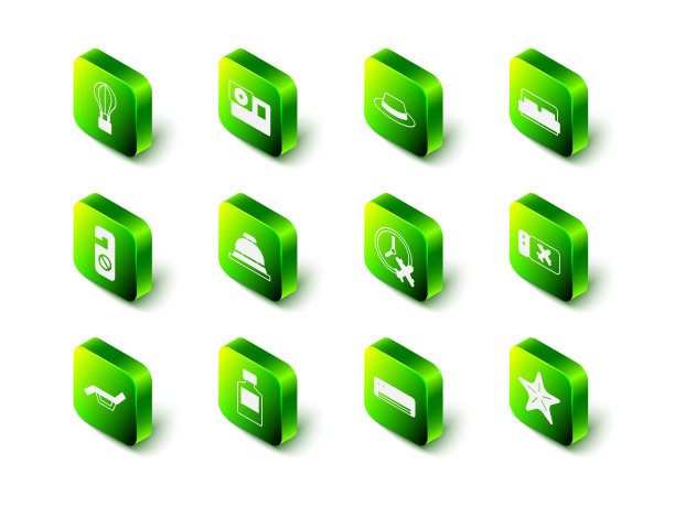 设置行动相机，男人的帽子与丝带，酒店房间床，机票，海星，时钟飞机，空调和威士忌酒瓶图标。向量图片下载