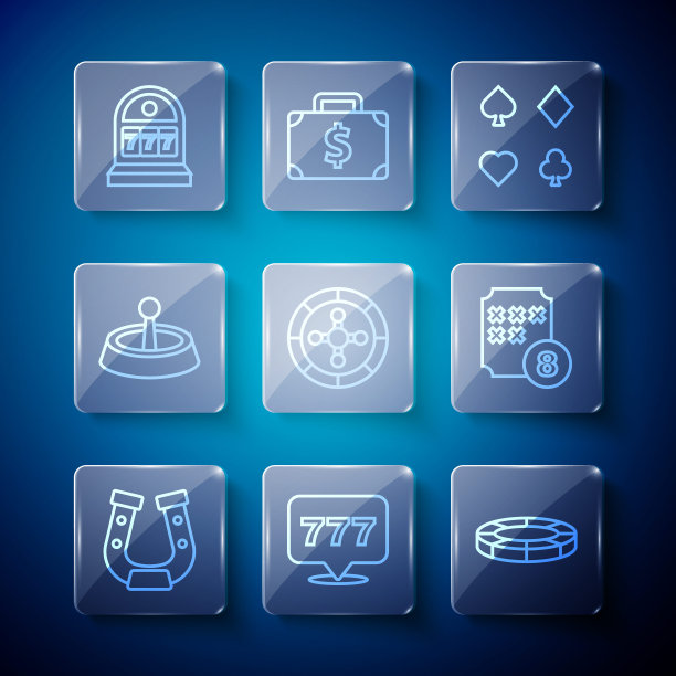 设置线马蹄铁，老虎机与头奖，赌场筹码，打牌的甲板，轮盘赌轮，彩票球上宾果图标。向量图片下载