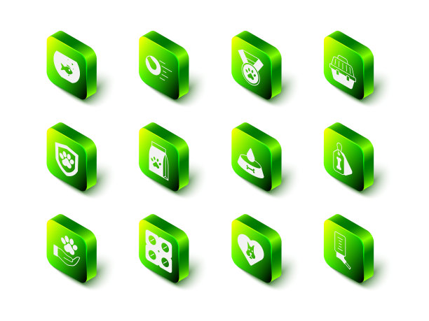 宠物玩具球，奖项标志，携带盒，狗项圈与骨头，饮酒者的小宠物，食物碗猫狗，心脏和药丸图标。向量图片下载