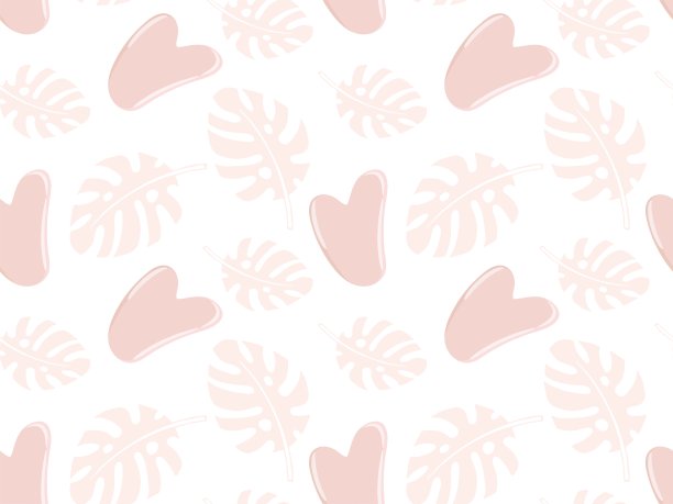 无缝图案配合玫瑰石英砂刮痧按摩工具，热带怪兽叶片。天然石英刮刀。时尚的皮肤护理。重复矢量墙纸，包装，纺织品，包装。图片下载