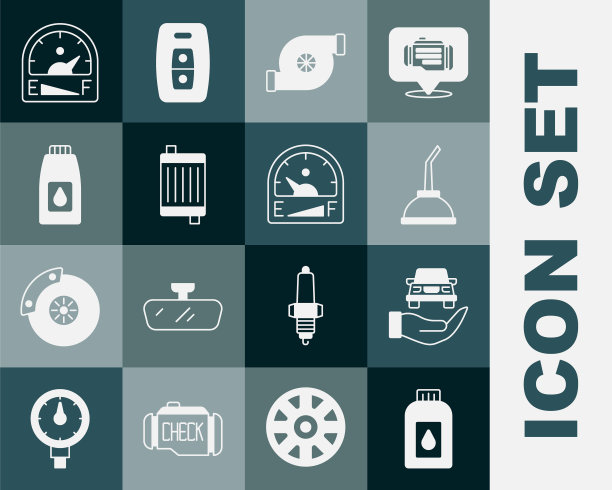 设置汽机机油罐，汽车维修检查汽车，汽车涡轮增压器，汽车散热器冷却系统，汽车汽油表和图标。向量图片下载