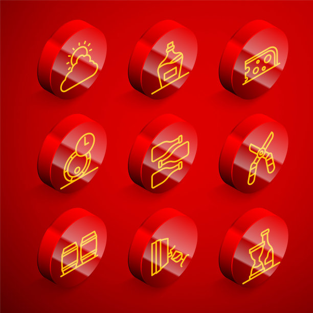 设置线太阳和云天气，旧瓶葡萄酒，奶酪，木桶，瓶子，园艺剪刀，和葡萄酒品尝，品尝图标。向量图片下载