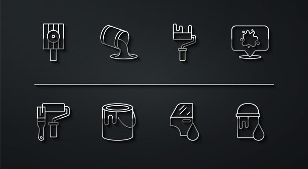 设置线喷罐喷嘴盖，油漆辊刷，喷漆，汽车喷漆，桶，图标。向量图片下载