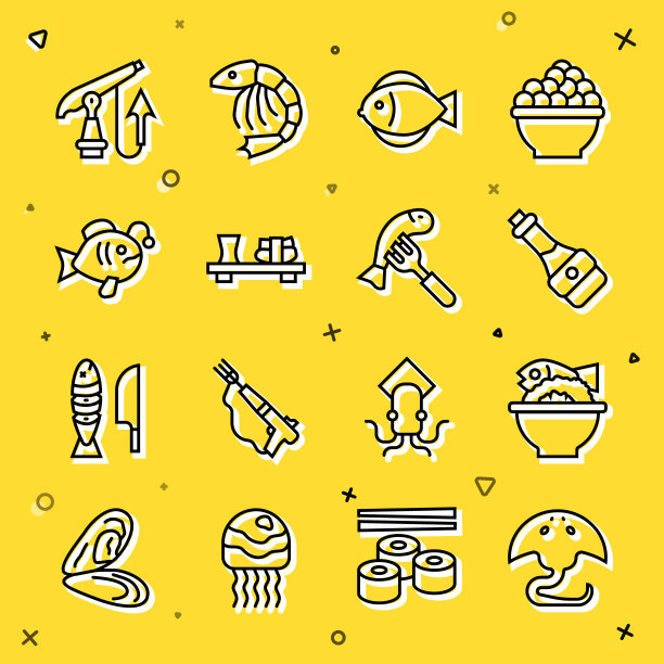 集黄貂鱼，盛在碗里的鱼，酱油瓶，鱼，寿司切板，热带，鱼叉和盘子图标。向量图片下载