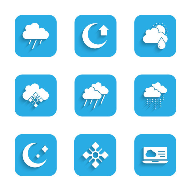 设置云与雨，雪花，天气预报，月亮和星星，雪，太阳和图标。向量图片下载