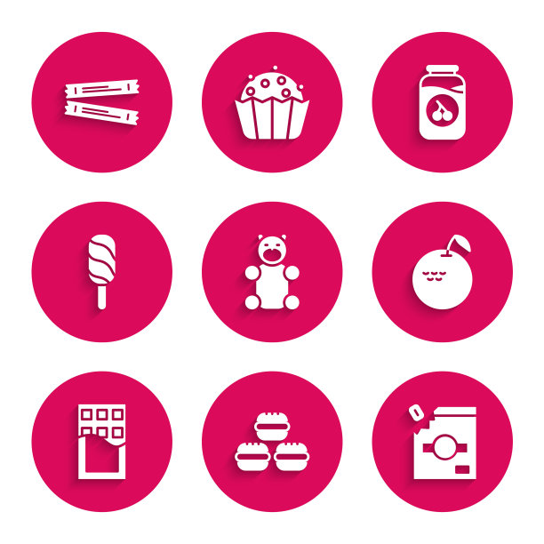 设置果冻熊糖果，马卡龙饼干，糖果包装糖果，苹果，巧克力棒，冰淇淋，樱桃果酱罐和糖棒包图标。向量图片下载